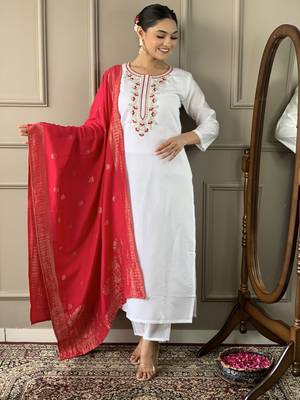 Off white colour viscosee chanderi fabric embroidered partyware festive readymade salwar kameez 1