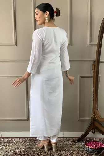 Off white colour viscosee chanderi fabric embroidered partyware festive readymade salwar kameez