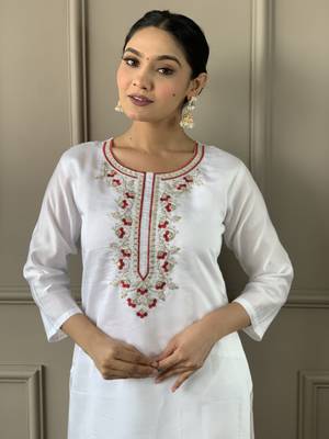 Off white colour viscosee chanderi fabric embroidered partyware festive readymade salwar kameez 3
