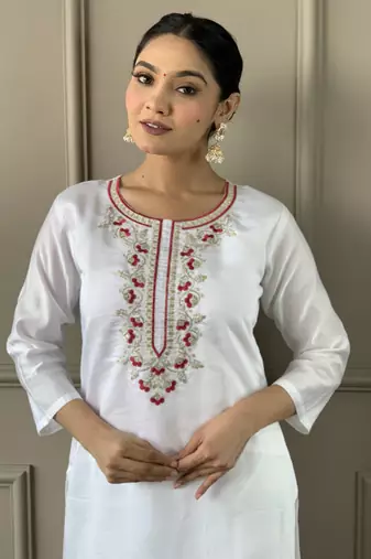 Off white colour viscosee chanderi fabric embroidered partyware festive readymade salwar kameez