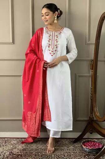 Off white colour viscosee chanderi fabric embroidered partyware festive readymade salwar kameez