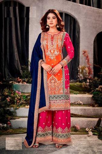 Gracefully heavy embroidered orange-red colour beautiful chinon fabric ceremonial palazzo dress