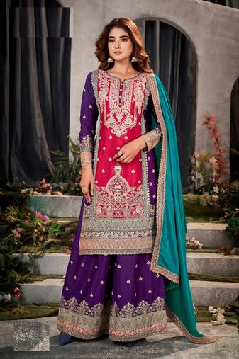 Gracefully heavy embroidered pink-purple colour beautiful chinon fabric ceremonial palazzo dress