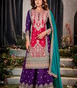 Gracefully heavy embroidered pink-purple colour beautiful chinon fabric ceremonial palazzo dress