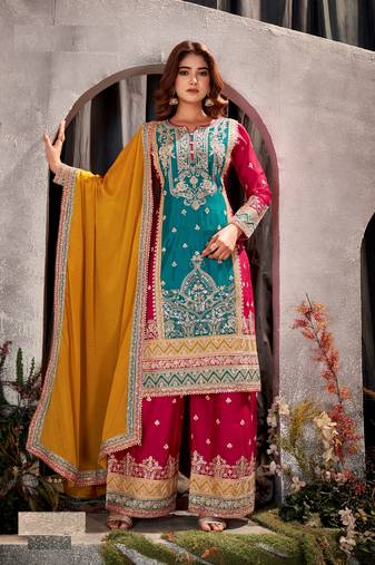 Gracefully heavy embroidered green-red colour beautiful chinon fabric ceremonial palazzo dress