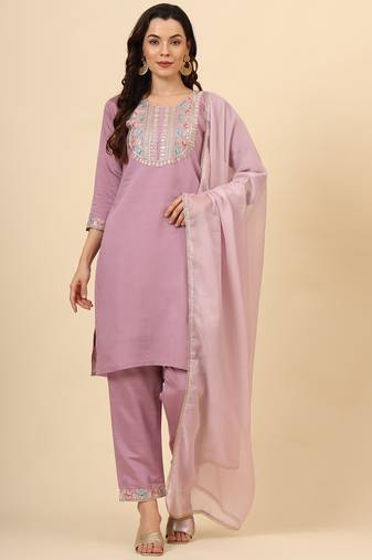 Purple silk blend designer embroidery work fancy ethnic graceful readymade salwar suit