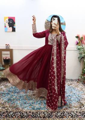 Wine Colour Beautiful Georgette Fabric With Heavy Embroidery Work Gown 1
