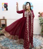 Wine Colour Beautiful Georgette Fabric With Heavy Embroidery Work Gown