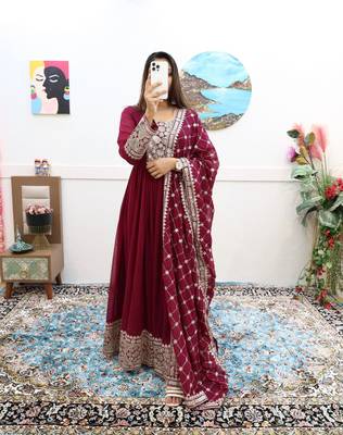 Wine Colour Beautiful Georgette Fabric With Heavy Embroidery Work Gown 3
