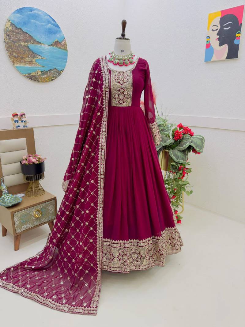 Wine Colour Beautiful Georgette Fabric With Heavy Embroidery Work Gown
