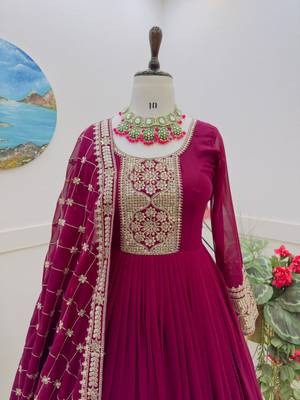 Wine Colour Beautiful Georgette Fabric With Heavy Embroidery Work Gown 5