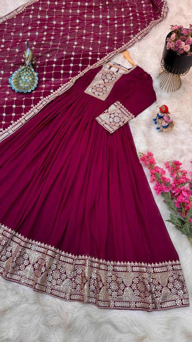 Wine Colour Beautiful Georgette Fabric With Heavy Embroidery Work Gown