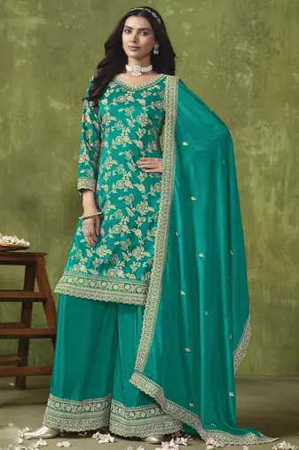 Designer turquoise dola silk jacquard plazzo suit