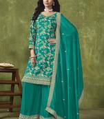 Designer turquoise dola silk jacquard Palazzo suit