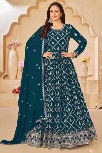 Designer aqua blue faux georgette embroidery anarkali suit
