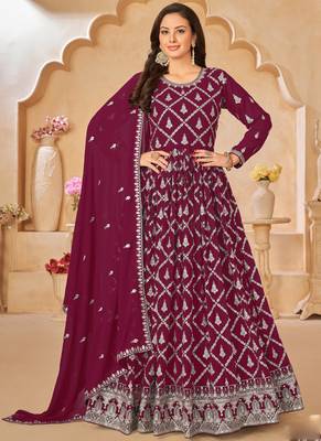 Designer wine faux georgette embroidery anarkali suit 1