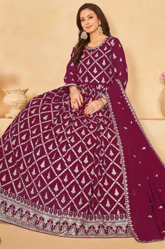 Designer wine faux georgette embroidery anarkali suit