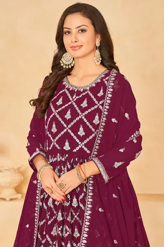 Designer wine faux georgette embroidery anarkali suit