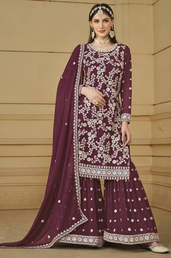 Designer wine faux georgette embroidery sharara suit