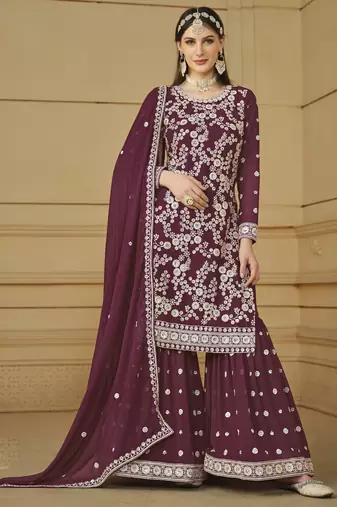 Designer wine faux georgette embroidery sharara suit