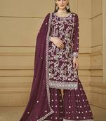 Designer wine faux georgette embroidery sharara suit
