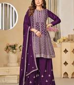 Designer purple chinon silk embroidery sharara suit
