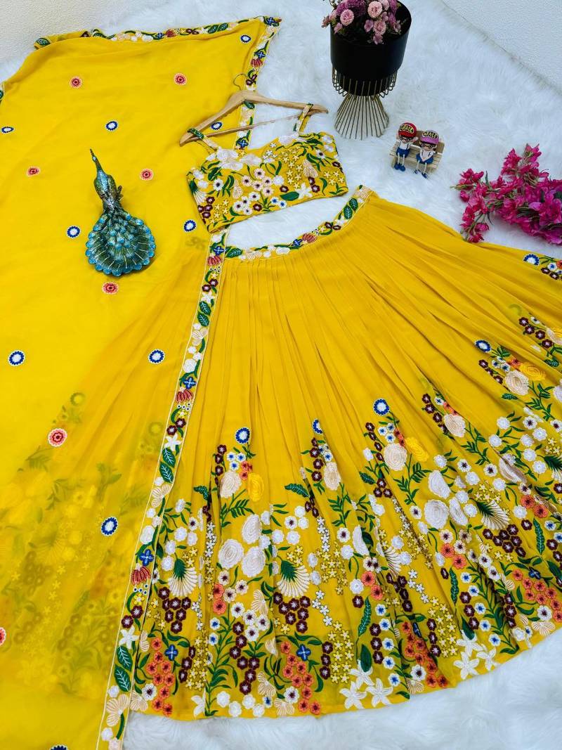 Yellow COlour Faux Georgette Fabric Heavy Embroidery Work Lehenga Choli