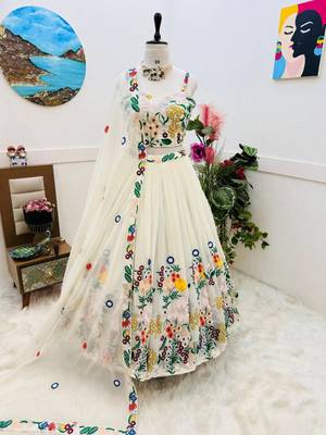 Off White COlour Faux Georgette Fabric Heavy Embrodiery Work Lahenga Choli 1