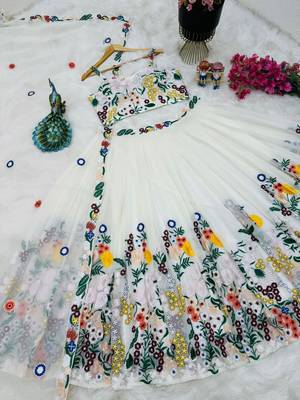 Off White COlour Faux Georgette Fabric Heavy Embrodiery Work Lahenga Choli 3