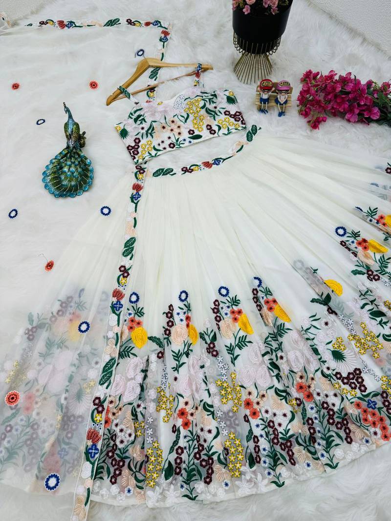 Off White COlour Faux Georgette Fabric Heavy Embrodiery Work Lahenga Choli