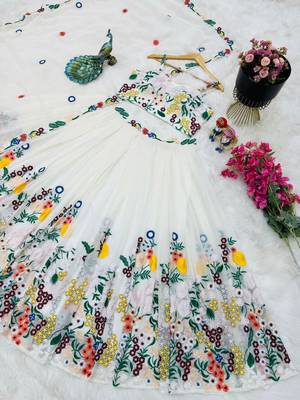 Off White COlour Faux Georgette Fabric Heavy Embrodiery Work Lahenga Choli 4