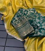Lemon Yellow CRUSH TISSUE SILK SAREE WITH BANARASI Stitched BLOUSE