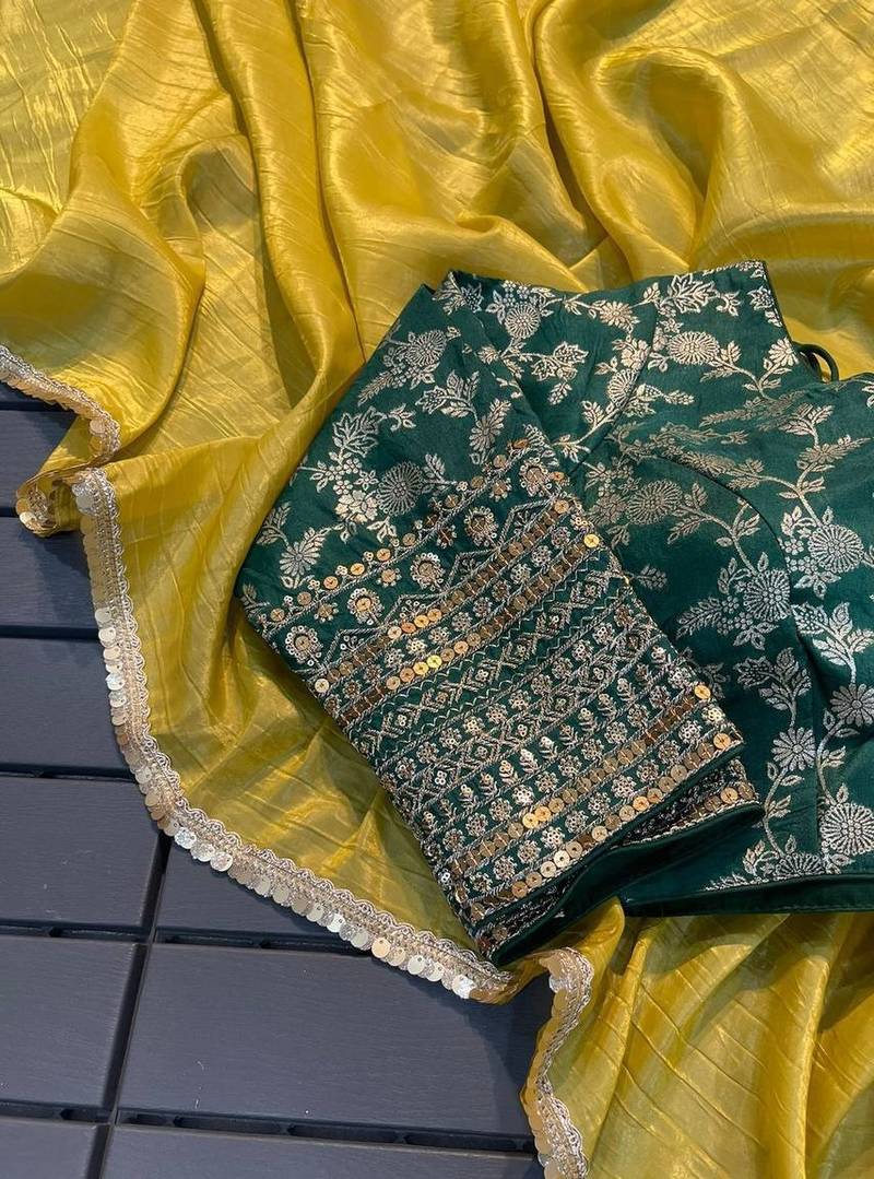 Lemon Yellow CRUSH TISSUE SILK SAREE WITH BANARASI Stitched BLOUSE