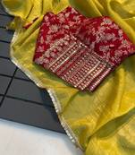 Lemon Yellow Crush Tissue Silk Saree with Banarasi Stitched Blouse