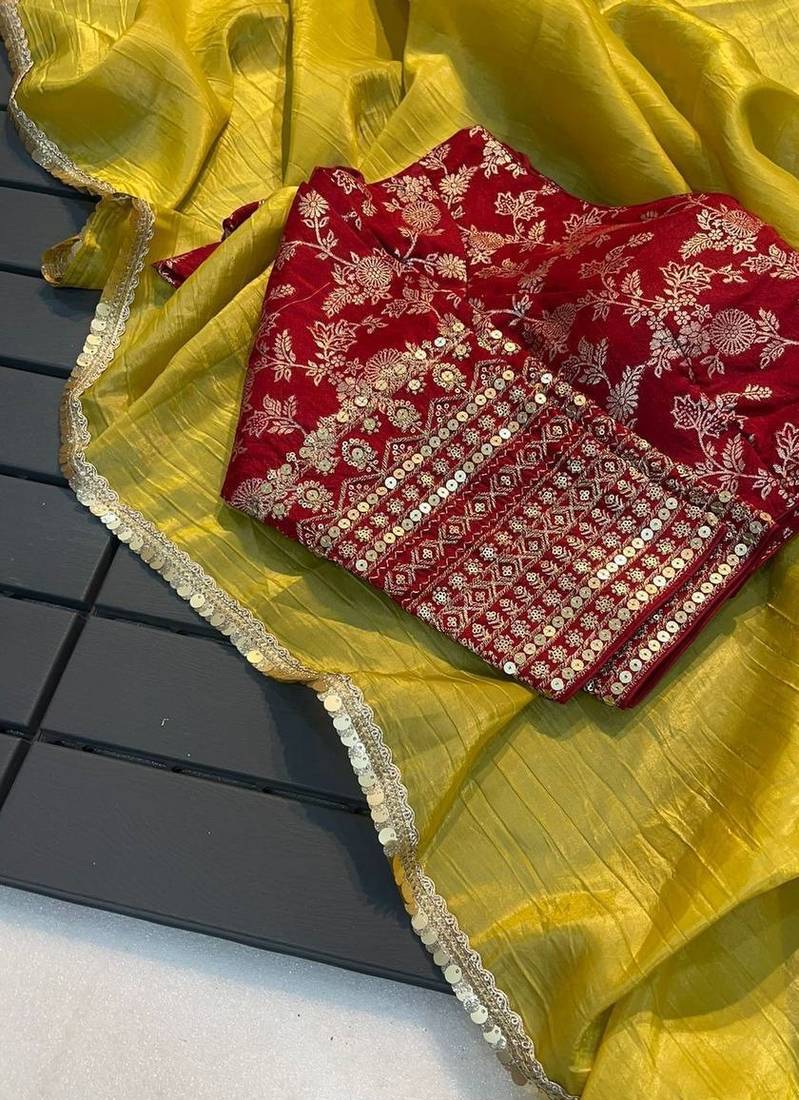 Lemon Yellow Crush Tissue Silk Saree with Banarasi Stitched Blouse