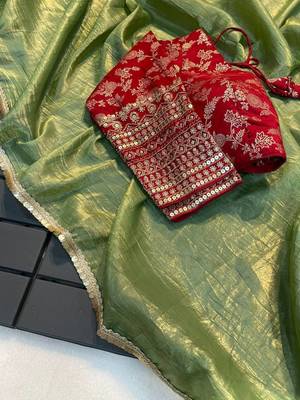 Green COLOUR CRUSH TISSUE SILK SAREE WITH BANARASI Stitched BLOUSE 1