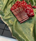 Green COLOUR CRUSH TISSUE SILK SAREE WITH BANARASI Stitched BLOUSE
