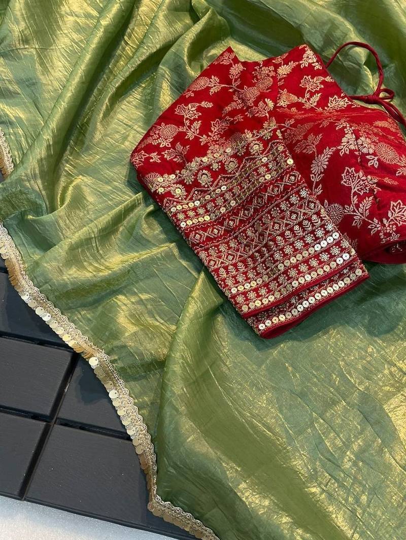 Green COLOUR CRUSH TISSUE SILK SAREE WITH BANARASI Stitched BLOUSE