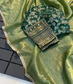 Green COLOUR CRUSH TISSUE SILK SAREE WITH BANARASI Stitched BLOUSE