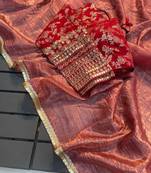 Peach COLOUR CRUSH TISSUE SILK SAREE WITH BANARASI Stitched BLOUSE