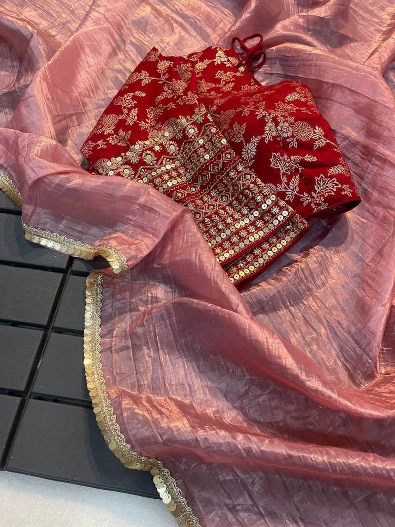 Peach COLOUR CRUSH TISSUE SILK SAREE WITH BANARASI Stitched BLOUSE