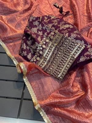 Peach COLOUR CRUSH TISSUE SILK SAREE WITH BANARASI Stitched BLOUSE 1