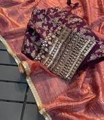 Peach COLOUR CRUSH TISSUE SILK SAREE WITH BANARASI Stitched BLOUSE