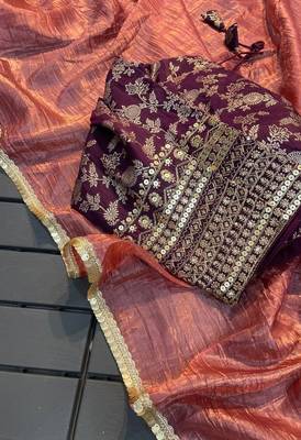 Peach COLOUR CRUSH TISSUE SILK SAREE WITH BANARASI Stitched BLOUSE 2