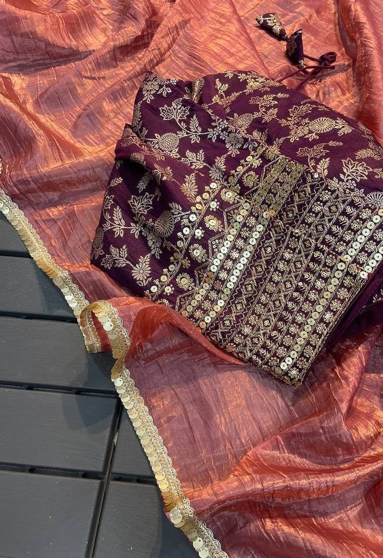 Peach COLOUR CRUSH TISSUE SILK SAREE WITH BANARASI Stitched BLOUSE