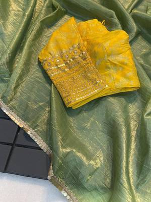 Gren COLOUR CRUSH TISSUE SILK SAREE WITH BANARASI Stitched BLOUSE 1