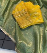 Gren COLOUR CRUSH TISSUE SILK SAREE WITH BANARASI Stitched BLOUSE