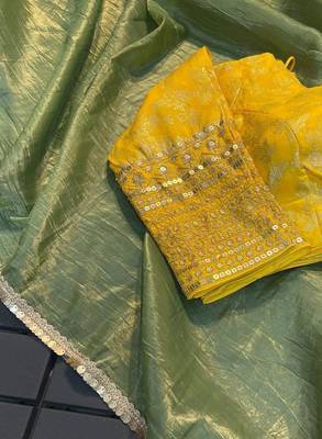Gren COLOUR CRUSH TISSUE SILK SAREE WITH BANARASI Stitched BLOUSE 2
