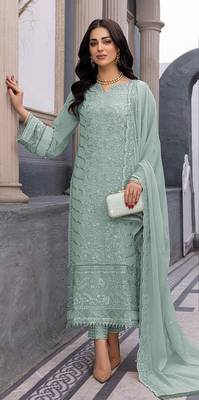Light green heavy embroidered faux georgette semi stitched salwar suit 1