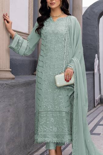 Light green heavy embroidered faux georgette semi stitched salwar suit